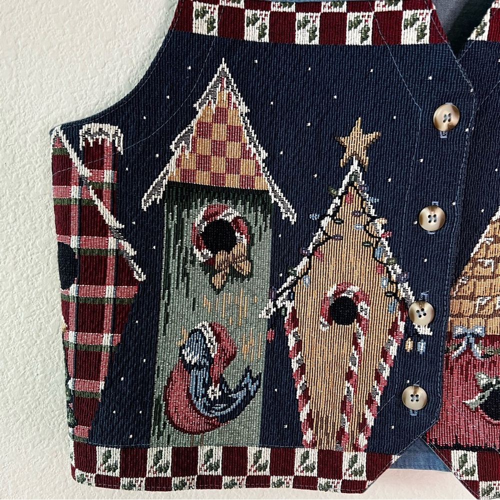 Vintage Orvis Made in the USA Chambray Christmas Birdhouse Tapestry Vest Large - Picture 3 of 11